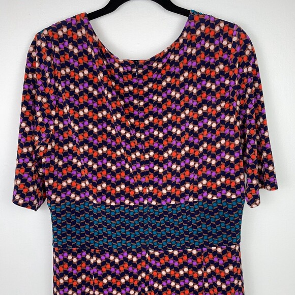 Jones New York Fit & Flare Quarter Sleeve Faux Wrap Patterned Dress Purple Sz 16 - Picture 5 of 10